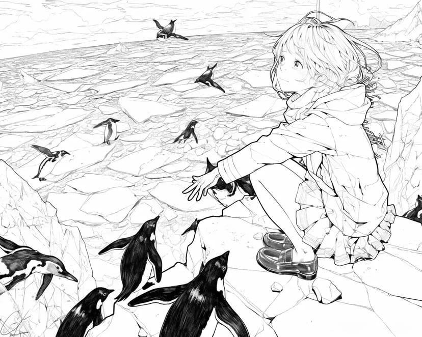 Chica en el Hielo con Pingüinos