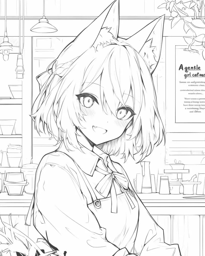 Chica con Orejas de Gato en un Café