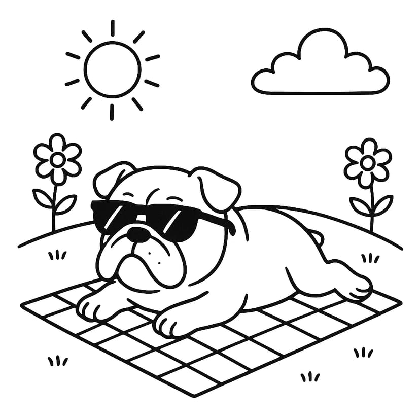 Chien avec Lunettes de Soleil au Bain de Soleil
