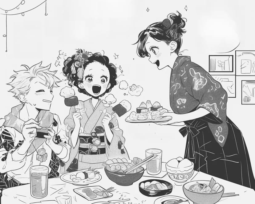 Keluarga Bahagia Merayakan Sushi