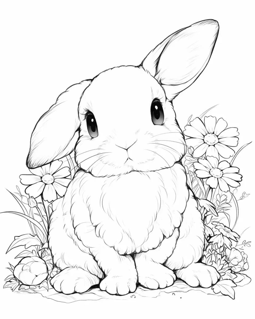 Lapin Fluffy dans le Champ de Fleurs