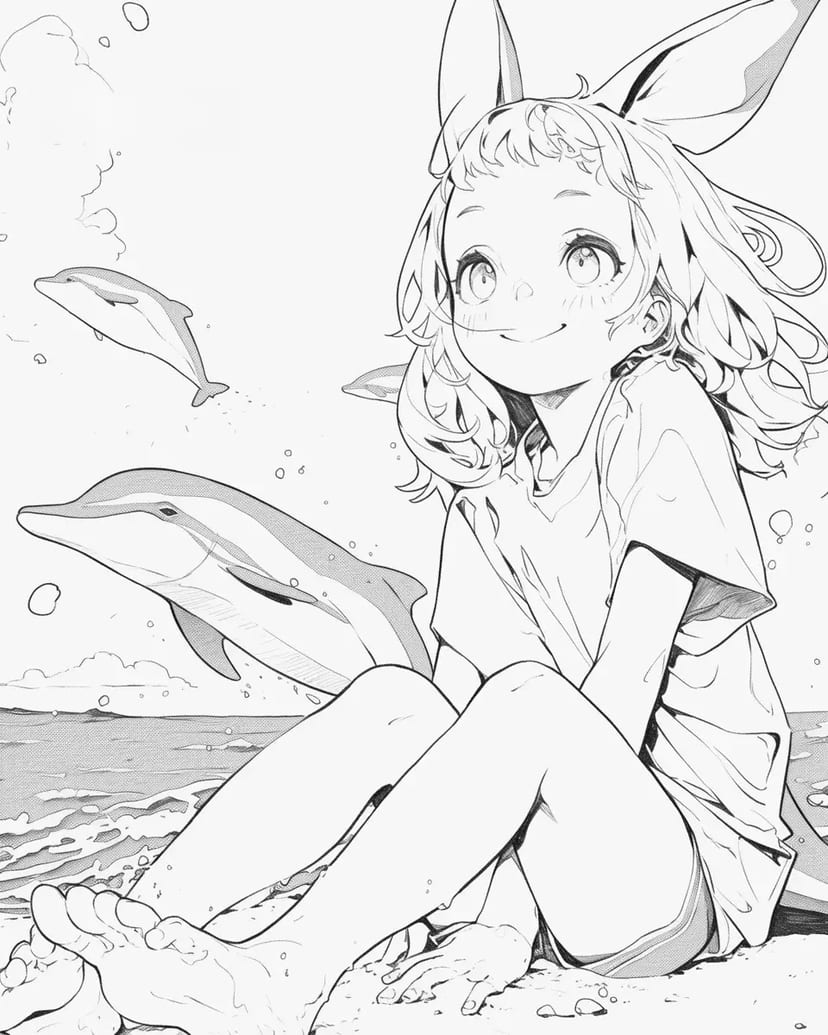 Fille au Bord de la Mer avec des Dauphins