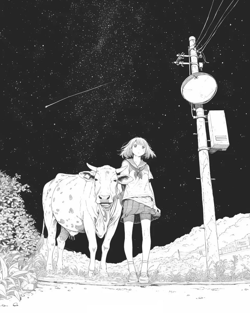 Chica y Vaca Bajo el Cielo Estrellado