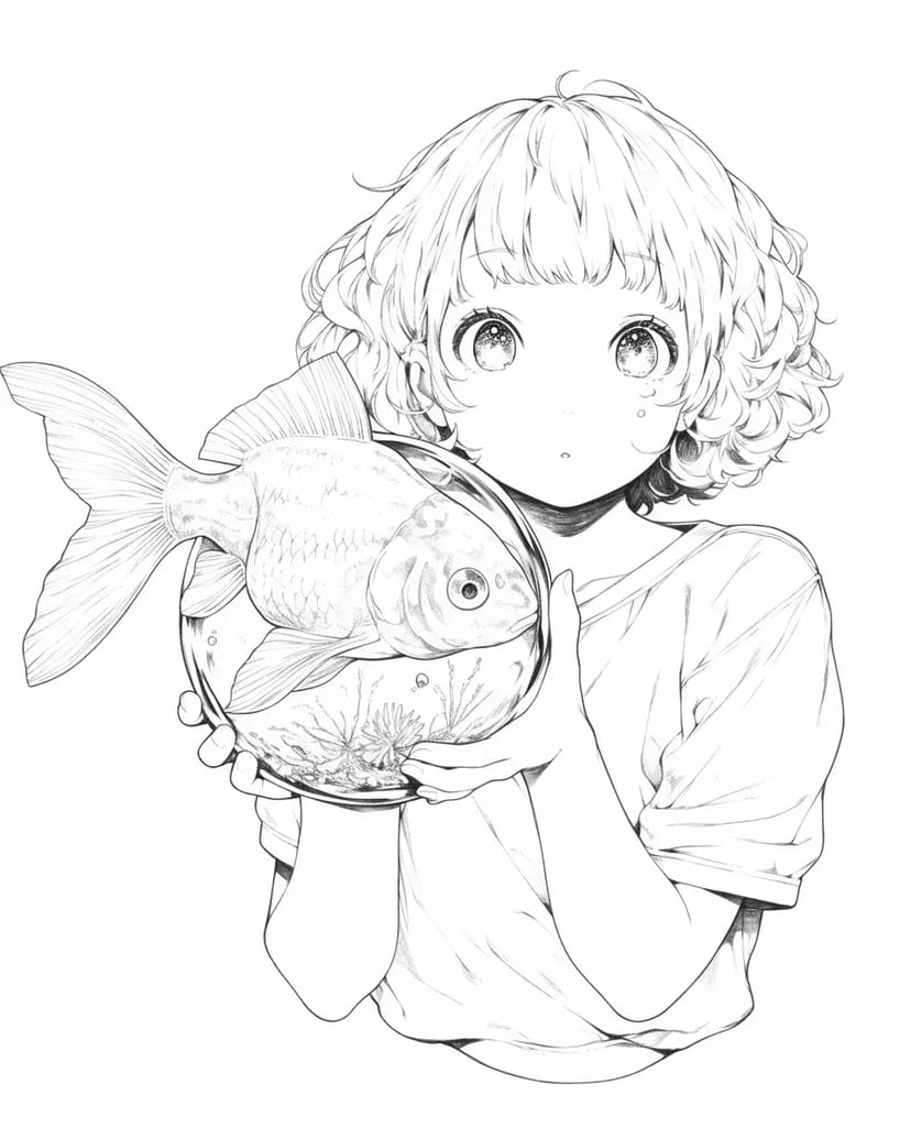 Niña con un Gran Pez Dorado