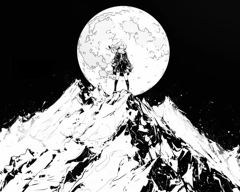 Chica en la Cima de la Montaña y Luna Llena