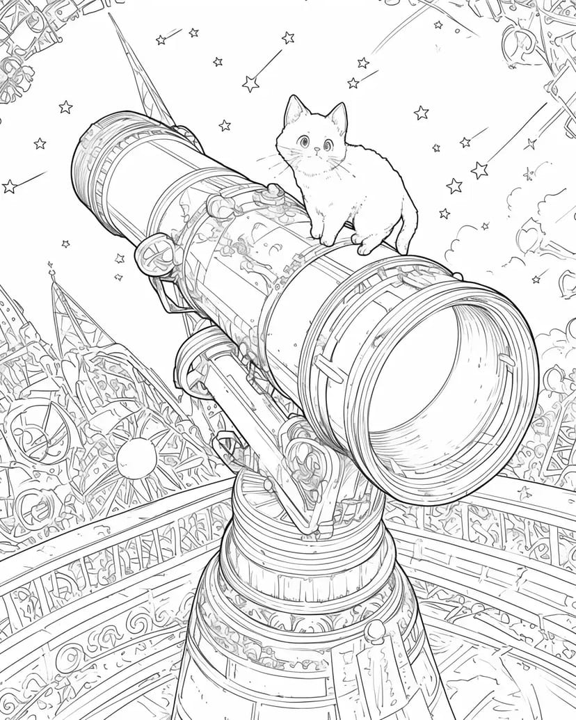 Cat on the Telescope under the Starry Sky