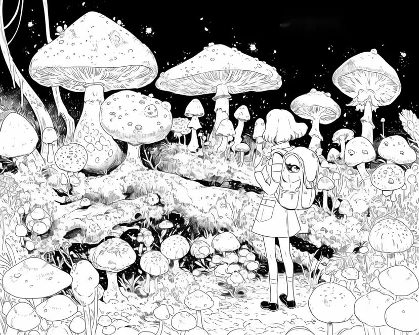 Bosque Fantasía con Hongos y una Niña