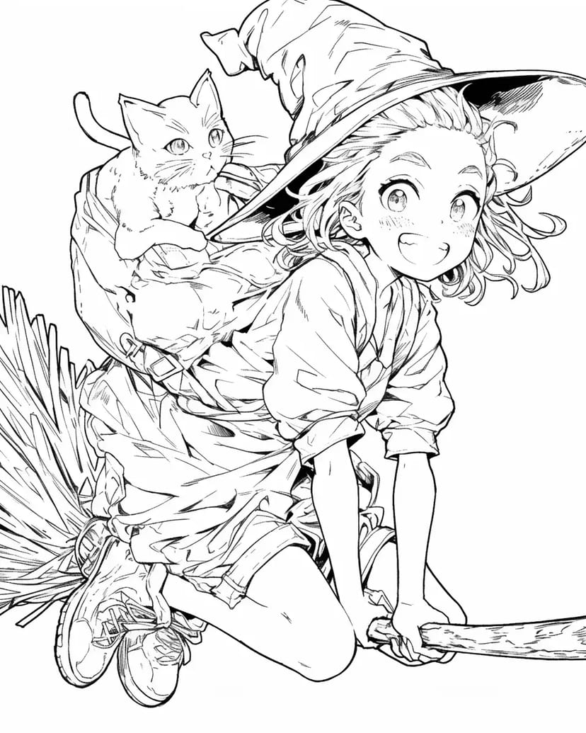 Bruja y Gato en una Escoba