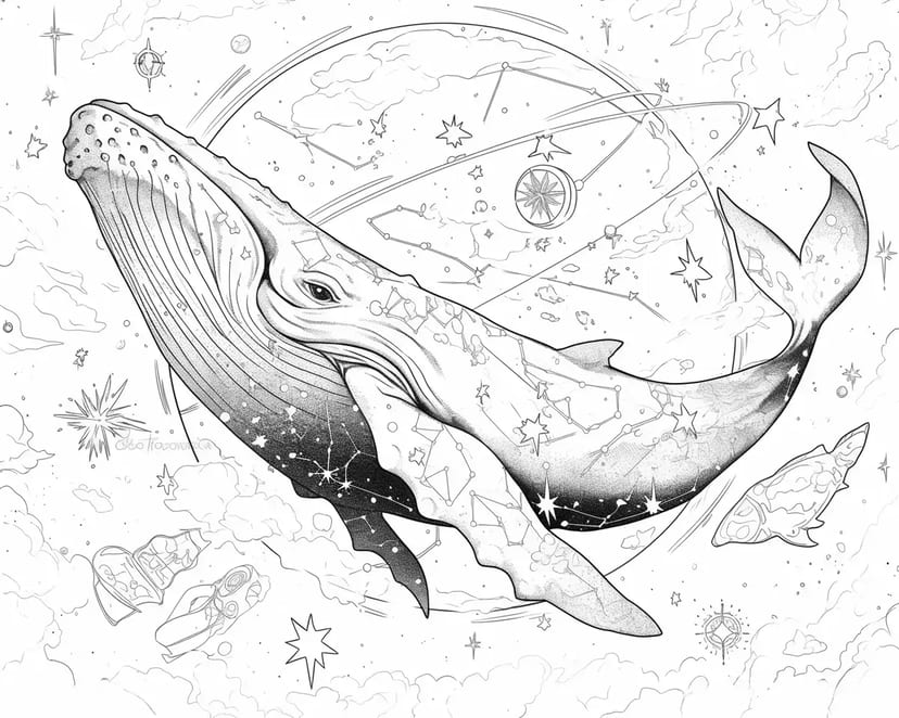 Baleine Nageant dans le Ciel Étoilé