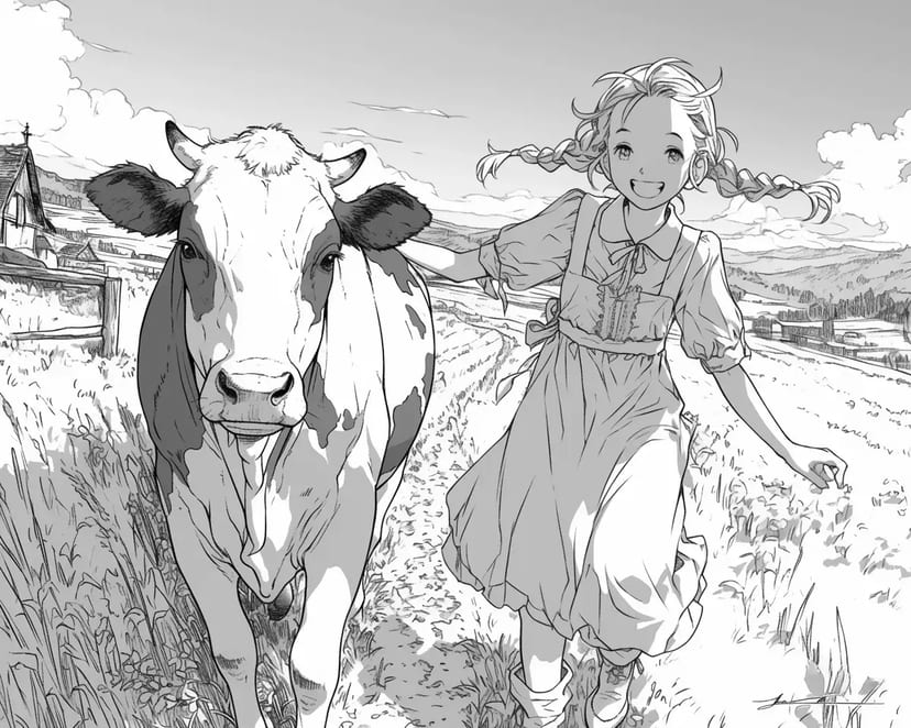 Niña de la Granja y Vaca