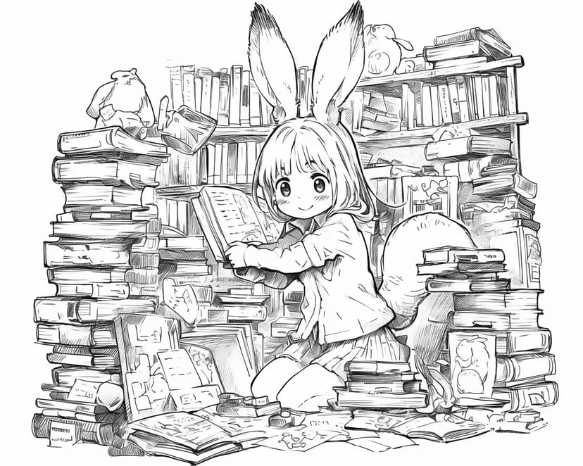 Fille Lapin dans la Forêt de Livres