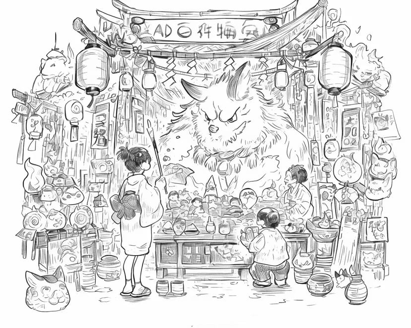 Night Market with Yokai and Lanterns