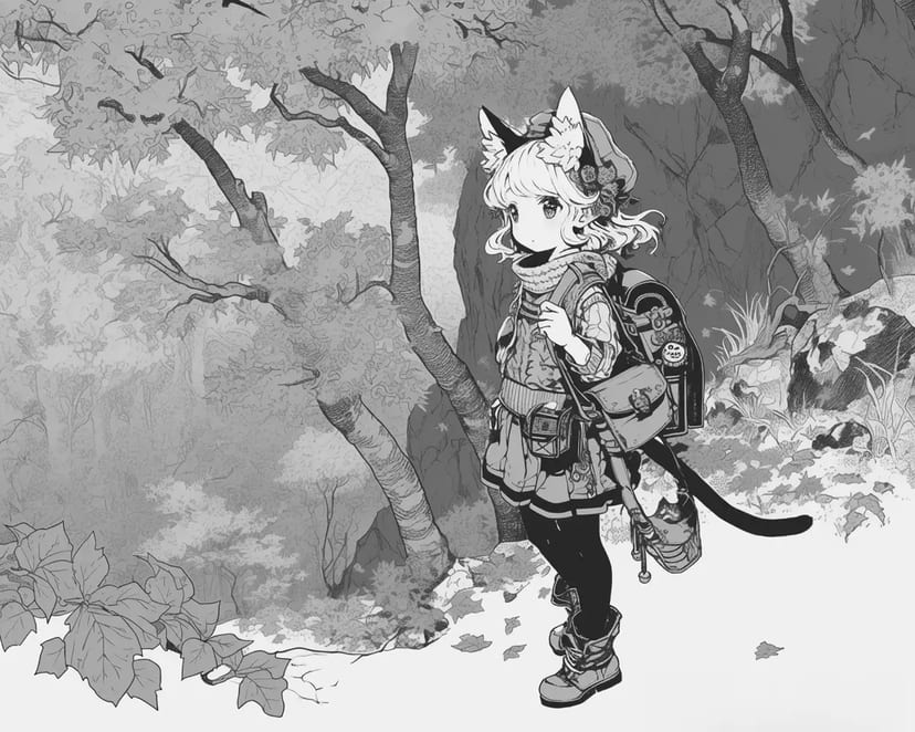 Chica con Orejas de Gato Caminando en el Bosque de Otoño