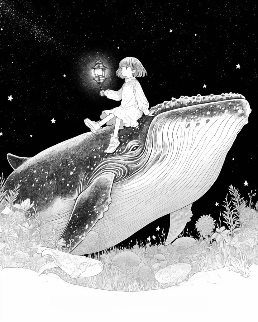 Whale and Girl Under the Starry Sky