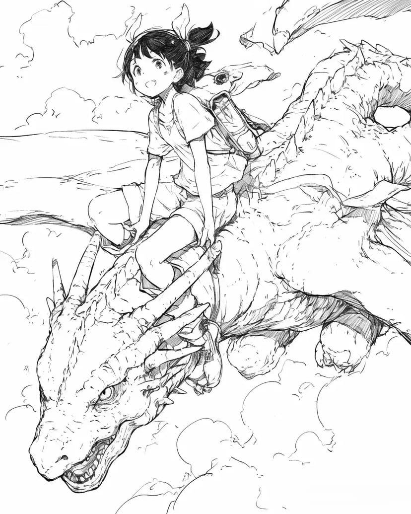 Niña y Dragón Volando Entre las Nubes