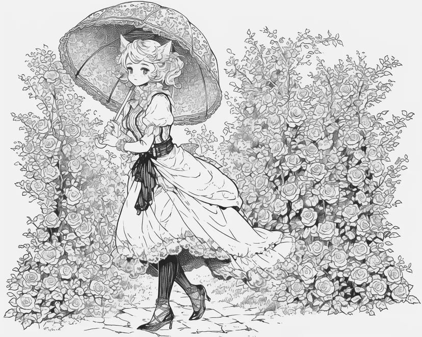 Fille aux Oreilles de Chat Marchant dans un Jardin de Roses