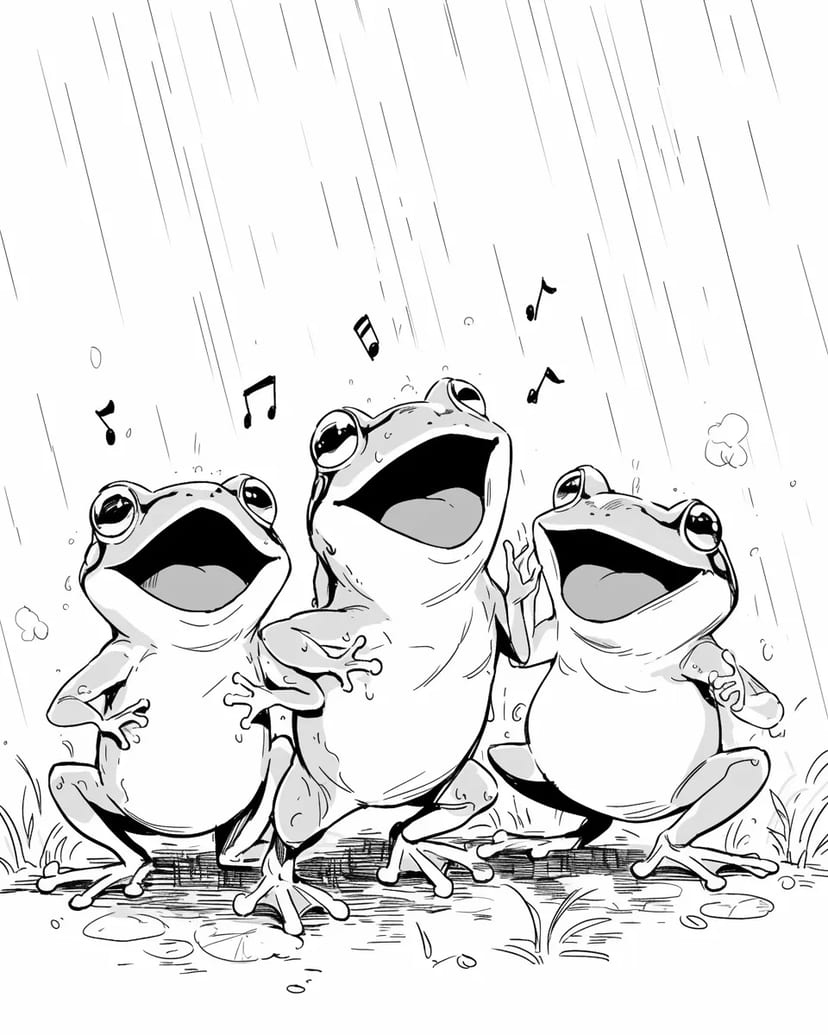 Grenouilles Chantant Sous la Pluie