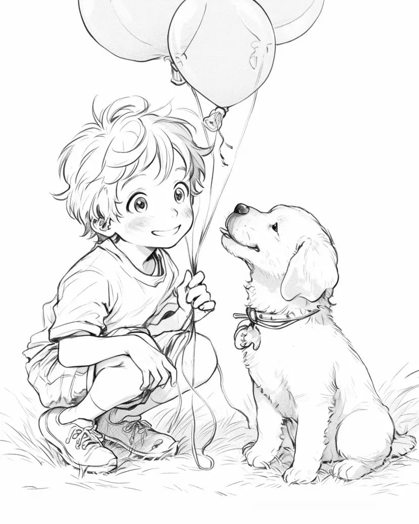 Globos, Cachorro y Niño