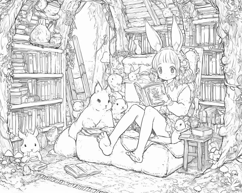 Fille Lapin Lisant dans la Bibliothèque de la Forêt