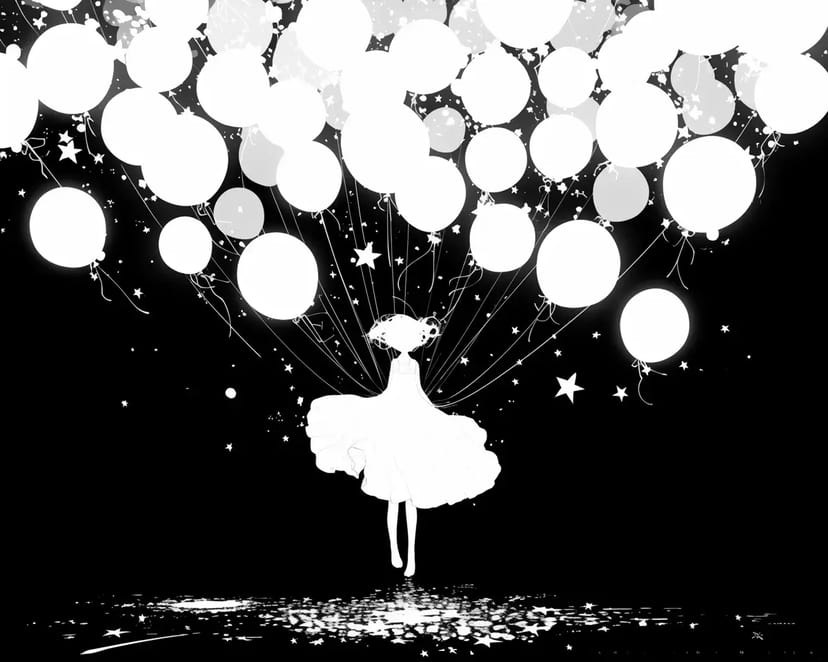 Chica con Globos en el Cielo Estrellado