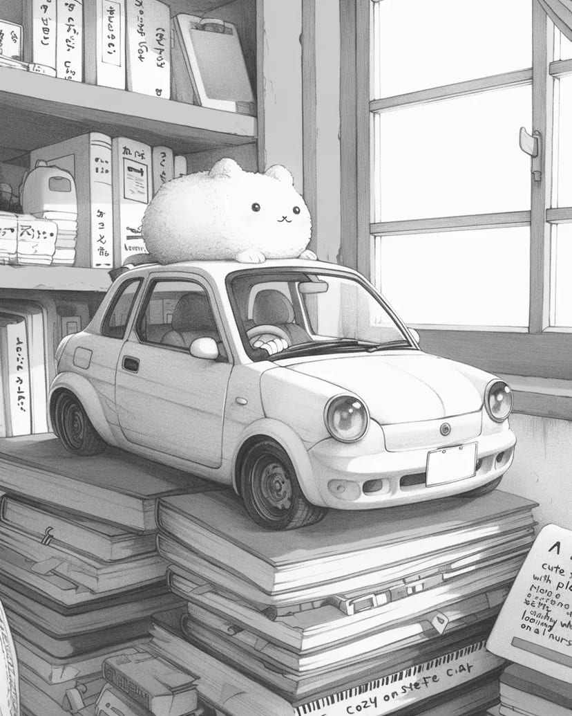 本の上の小さな車と猫