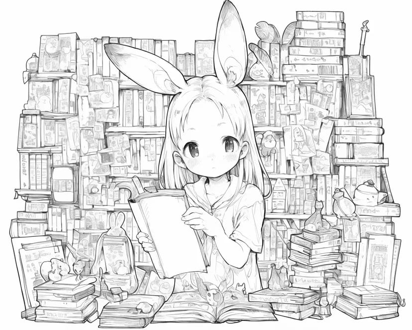 Bunny-Eared Girl in the World of Books