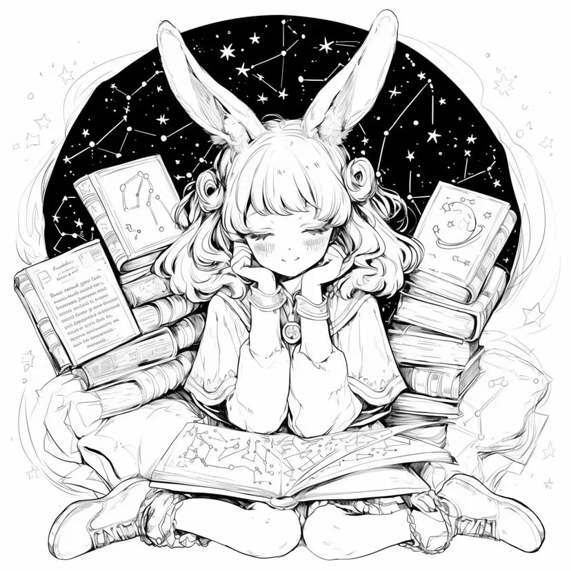 Fille Lapin Sous le Ciel Étoilé