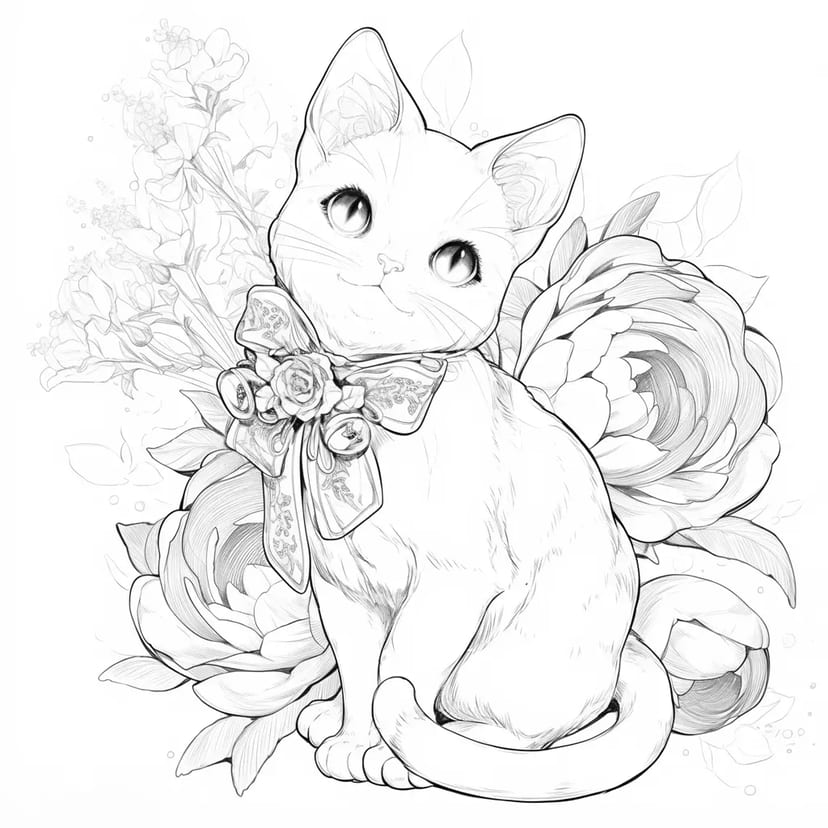 Chaton avec Fleurs et Ruban