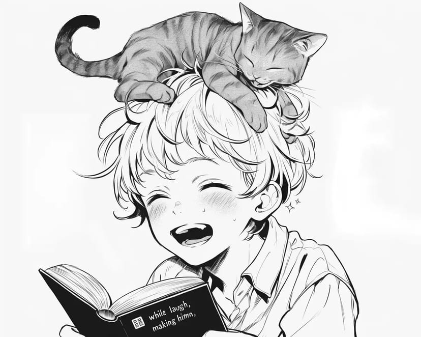 Спящий кот и улыбающийся мальчик