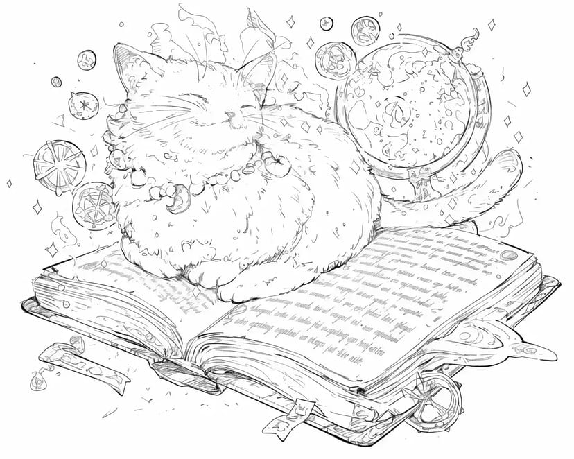 Gato Durmiendo sobre un Libro Mágico