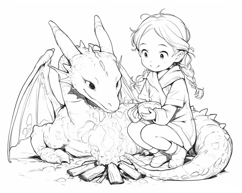 Fogata con un Dragón y una Niña