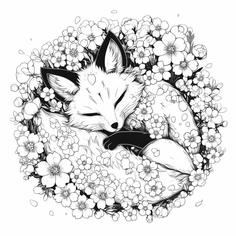 Renard Endormi Enveloppé de Fleurs