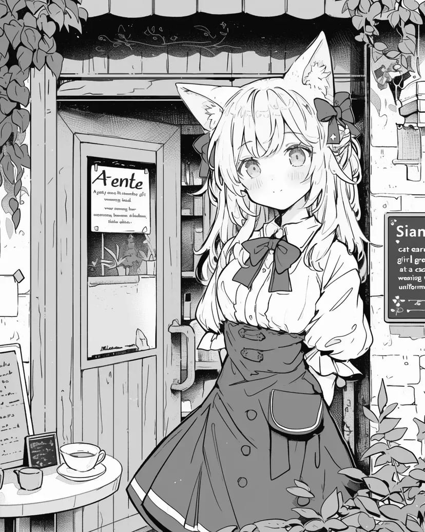Cat-Eared Girl in Front of a Café