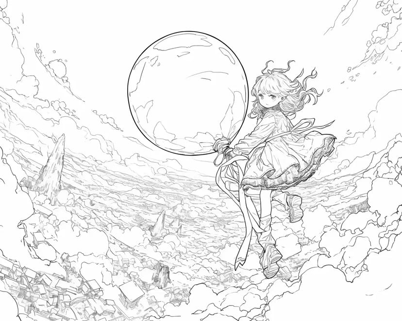 Chica Volando en el Cielo con un Globo Gigante
