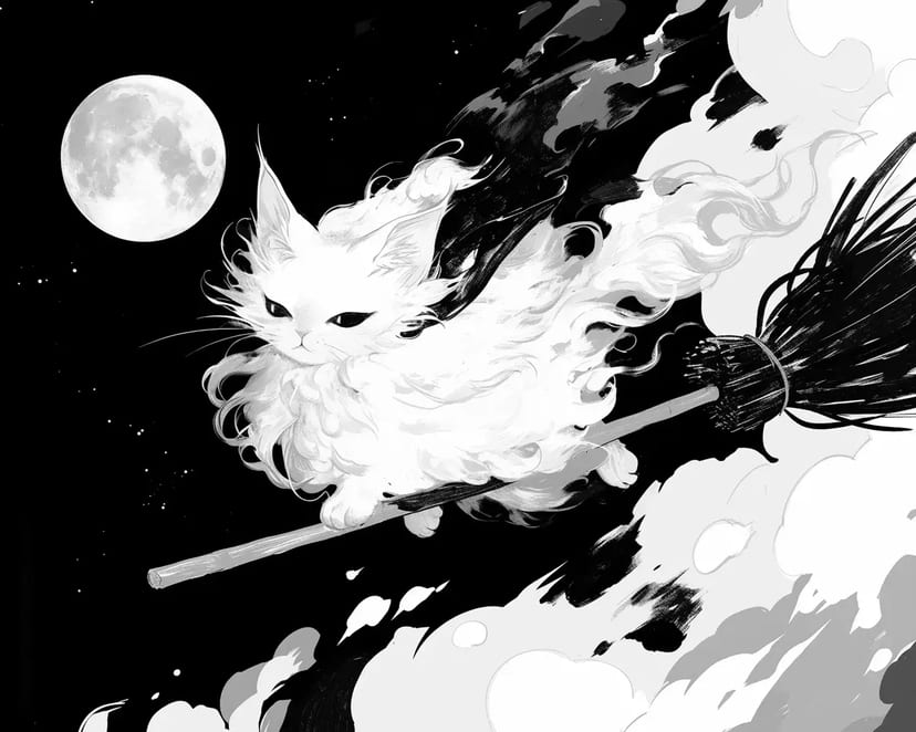 Gato Esponjoso Volando en la Luz de la Luna