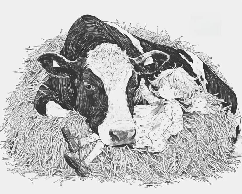 गाय और बच्चे के साथ शांतिपूर्ण पल