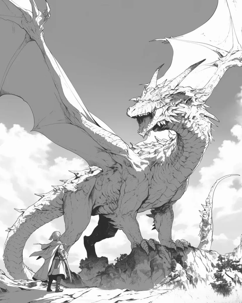 Dragón Gigante y Aventurero