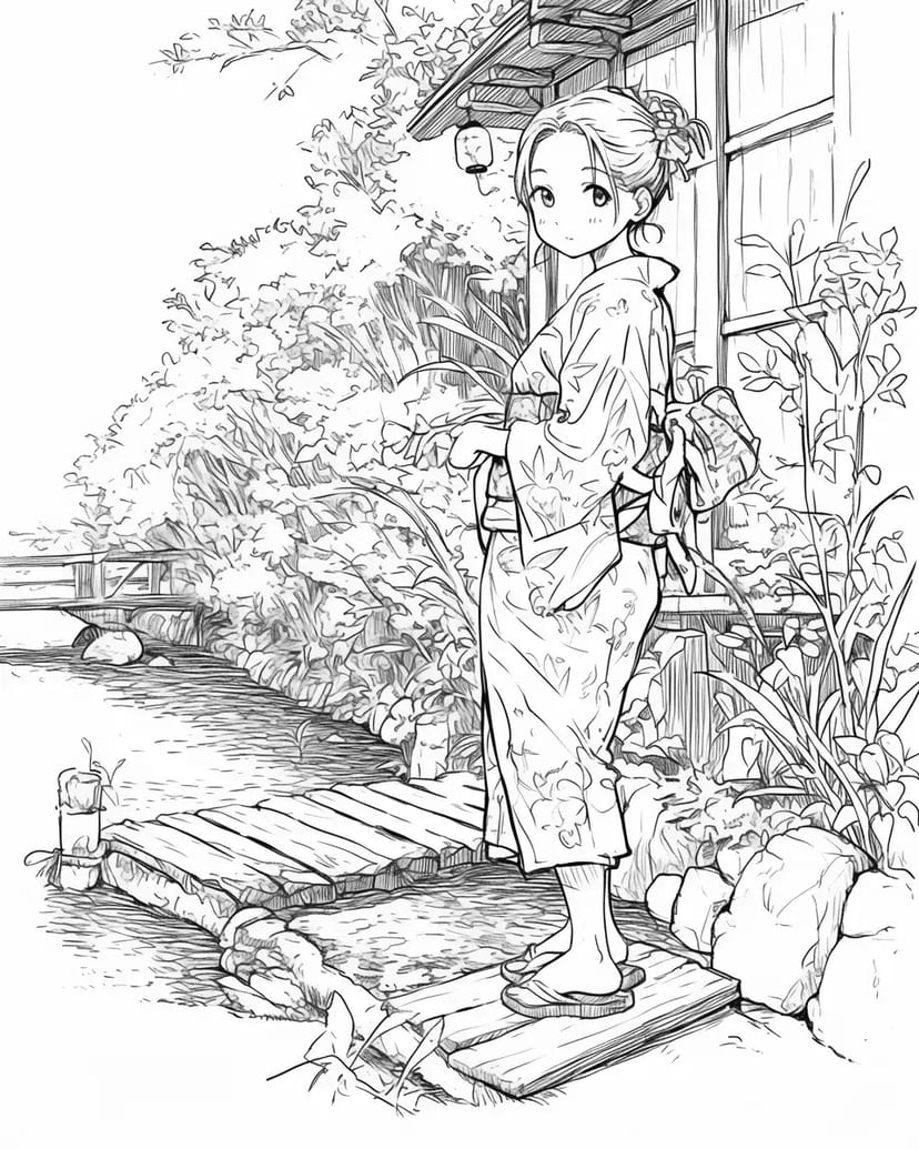 Chica en un Jardín Tradicional