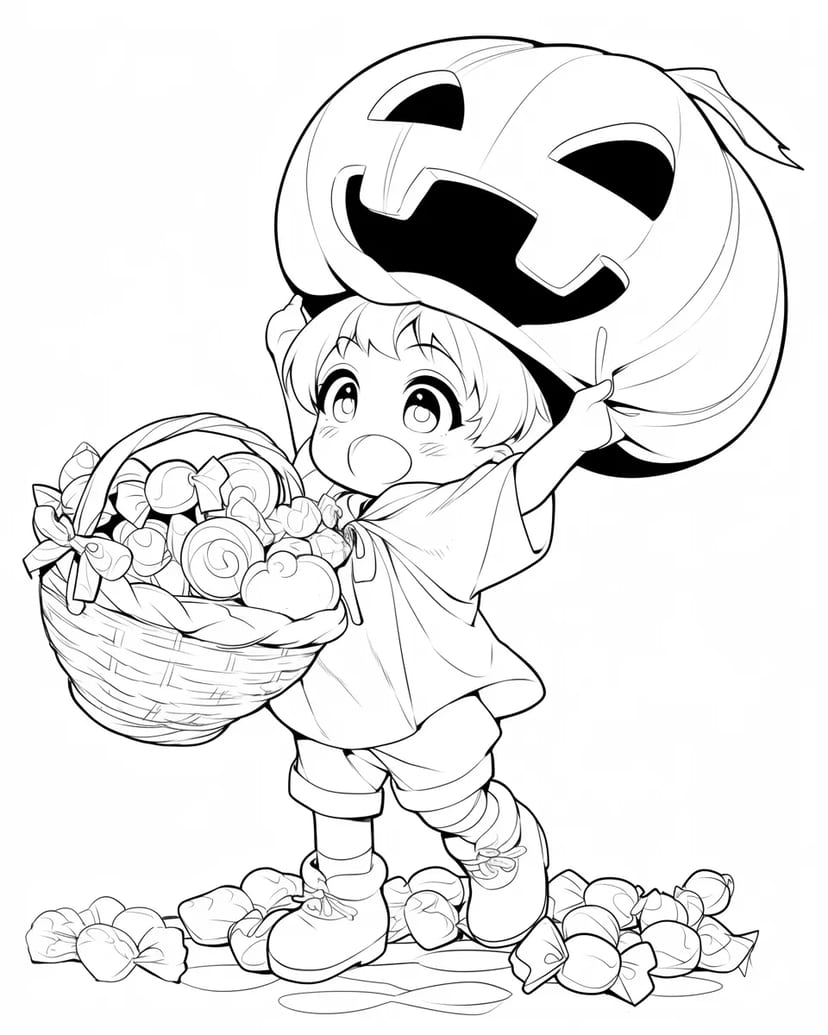 Niño con una Calabaza y Muchos Dulces
