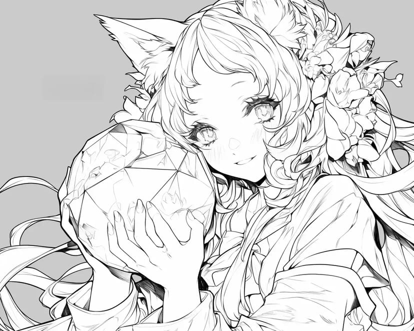 Fille aux Oreilles de Chat Tenant un Cristal