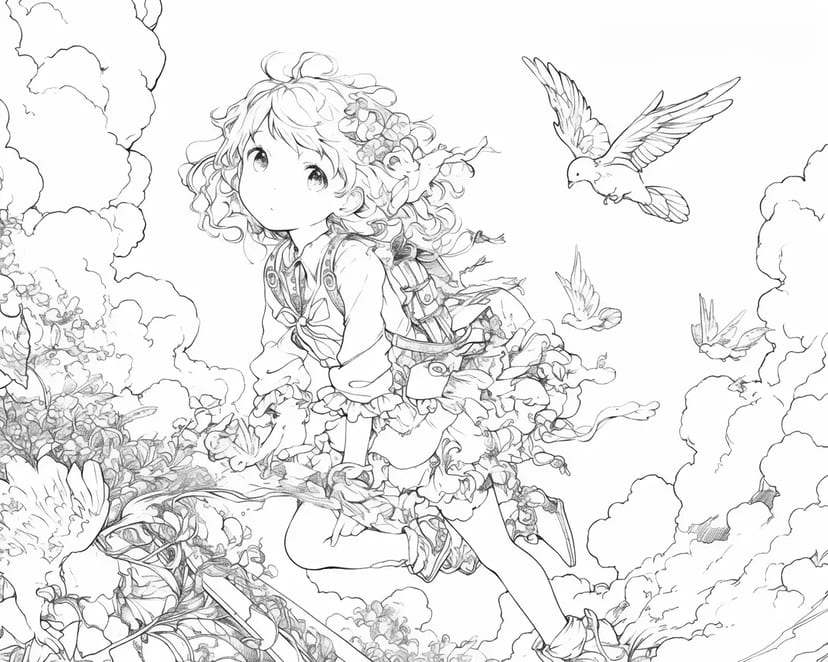 Fille Volant avec des Oiseaux