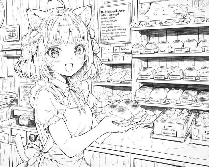 Chica con Orejas de Gato en la Panadería