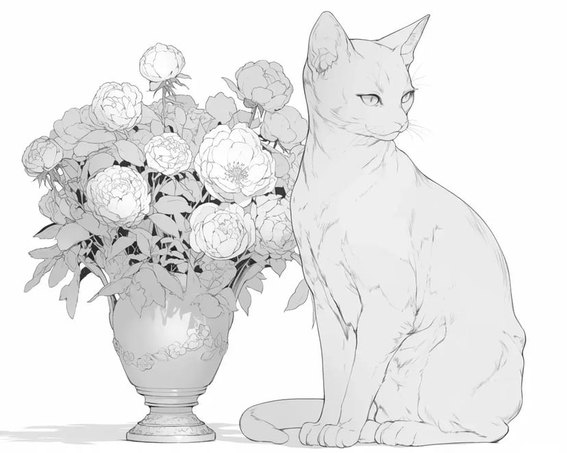 Elegant Cat and Floral Still Life