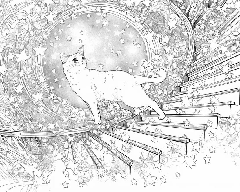 Cat Walking on Starry Stairs