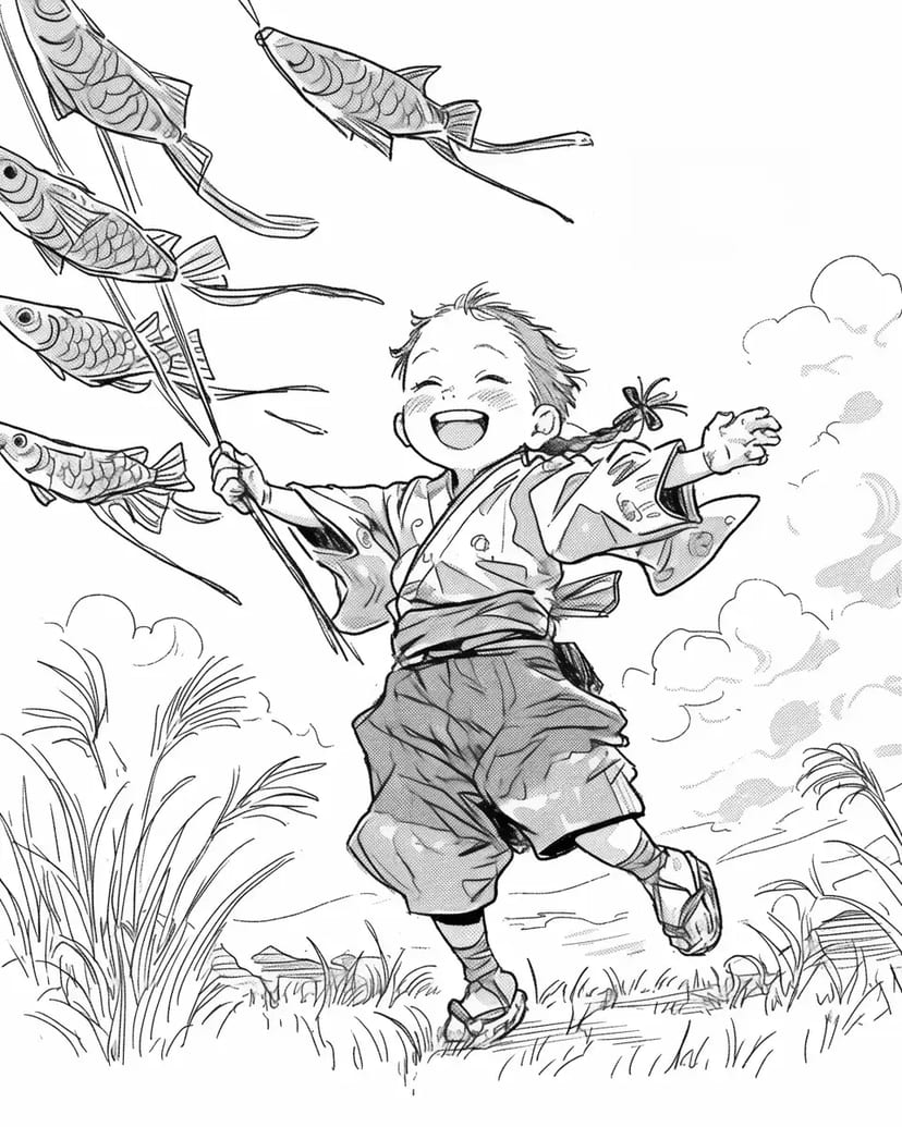 Niño con Koinobori en la Brisa