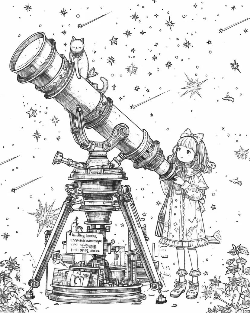 Fille et Chat Observant les Étoiles
