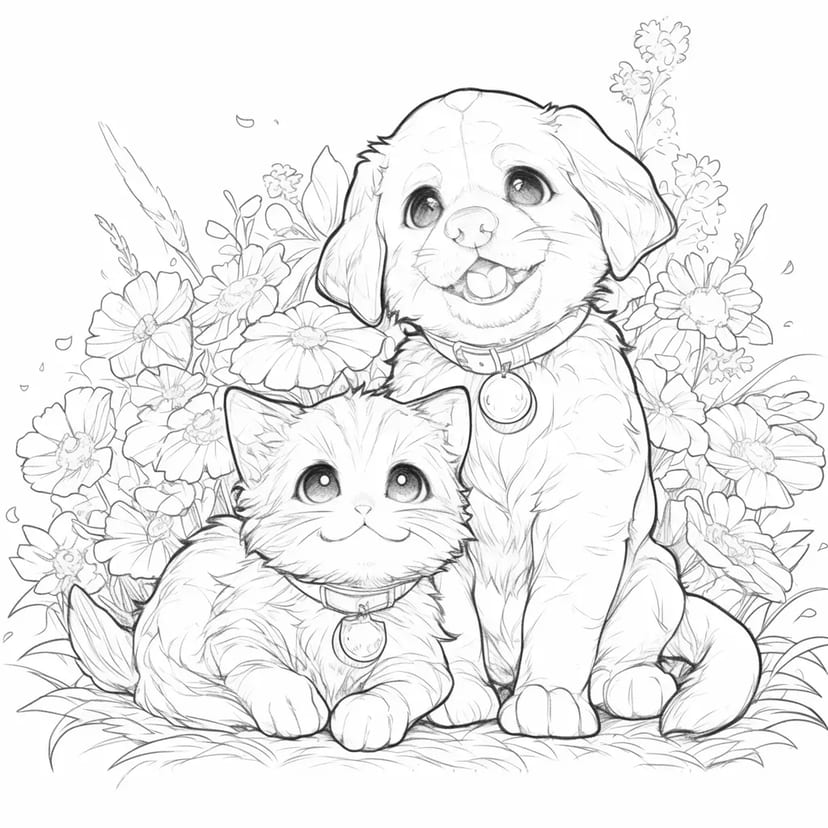 Chiot et Chaton Jouant dans le Champ de Fleurs
