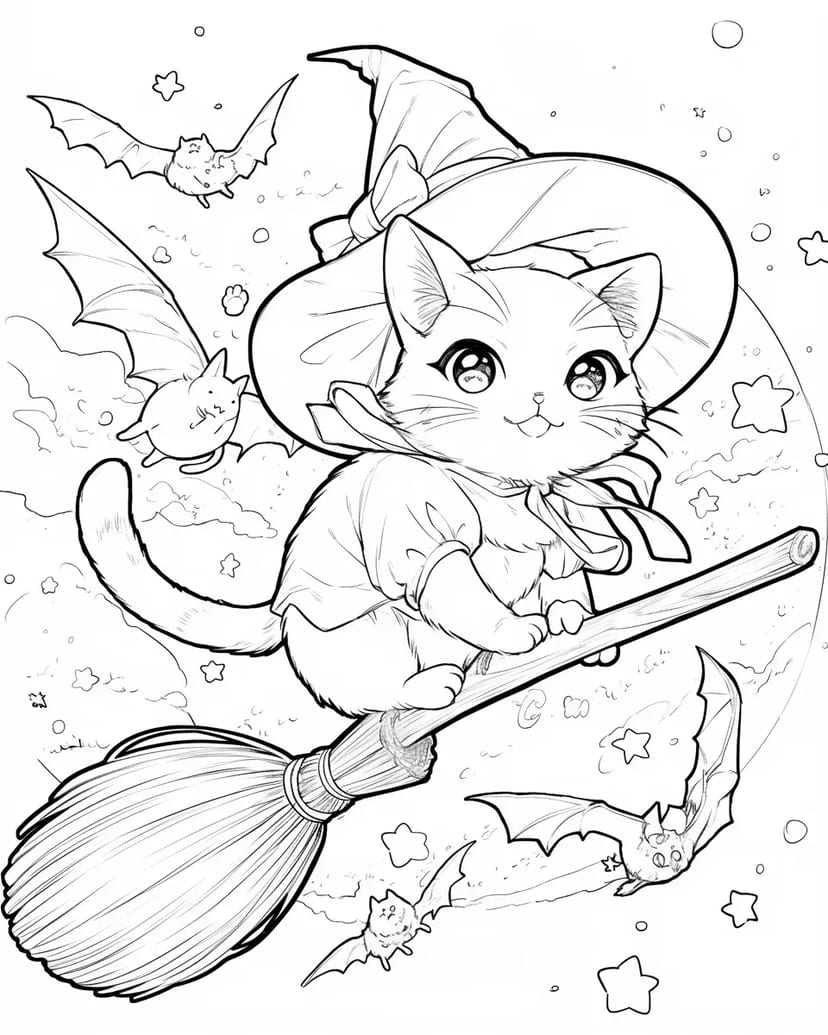 Mischievous Cat on a Magical Broom