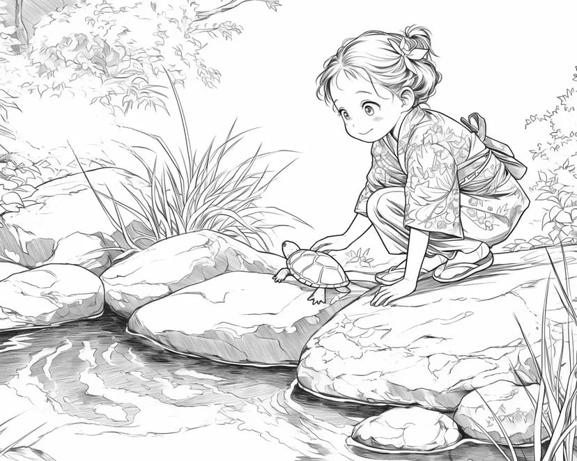 Little Girl and Small Turtle
