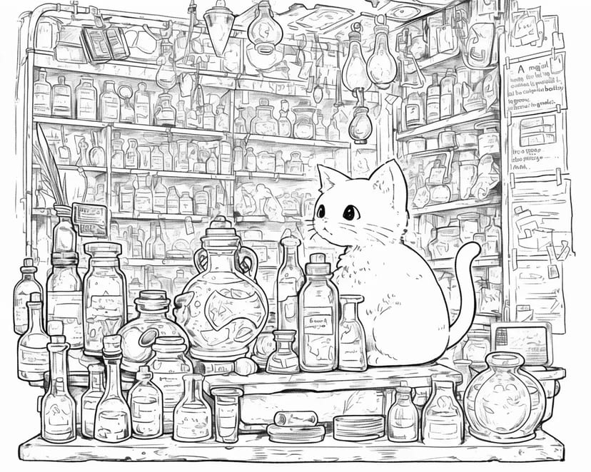 Gato en la Tienda de Pociones del Mago